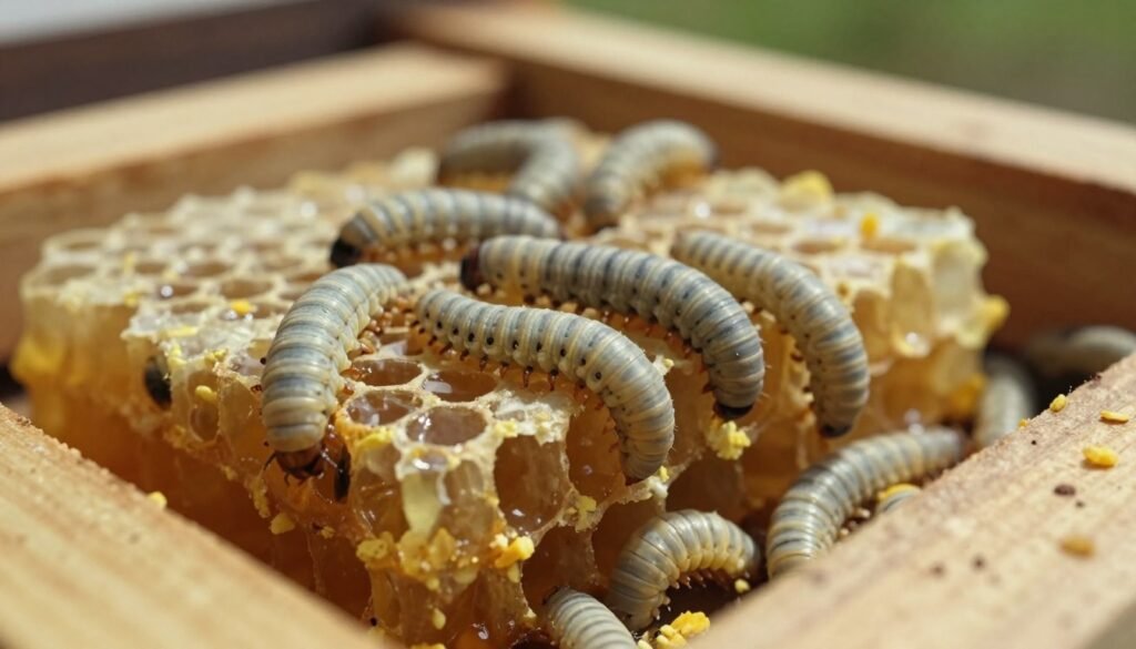 Close-up view of wax moth larvae nestled among honeycomb and waxed surfaces. The foreground features several larvae, showcasing their segmented bodies and delicate, pale tones, with fine details of their texture and movement. In the middle ground, the drawn comb is visible, with cells filled with honey and pollen, highlighting the environment where these pests thrive. The background includes the shadows of beehive wooden frames, softly lit by natural light filtering from an unseen source, creating a warm yet slightly ominous mood. The overall atmosphere conveys a sense of careful observation and monitoring, focusing on the challenge of managing these pests in a beekeeping setting.