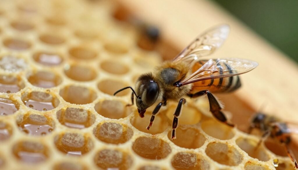 Create a detailed image of a varroa mite on honeycomb, highlighting the microscopic world of beekeeping. In the foreground, showcase a close-up of a single varroa mite crawling on a cell of honey, its exoskeleton shimmering under well-defined, soft lighting. In the middle ground, include several honey cells filled with golden honey, glistening attractively, indicating hive activity. The background should be a blurred natural setting of the inside of a beehive, with warm, earthy tones that evoke a sense of warmth and growth. Use a macro lens perspective to emphasize the textures, making the viewers feel as if they are observing the mites in their natural habitat. The overall mood should be an intriguing balance of scientific scrutiny and natural beauty.