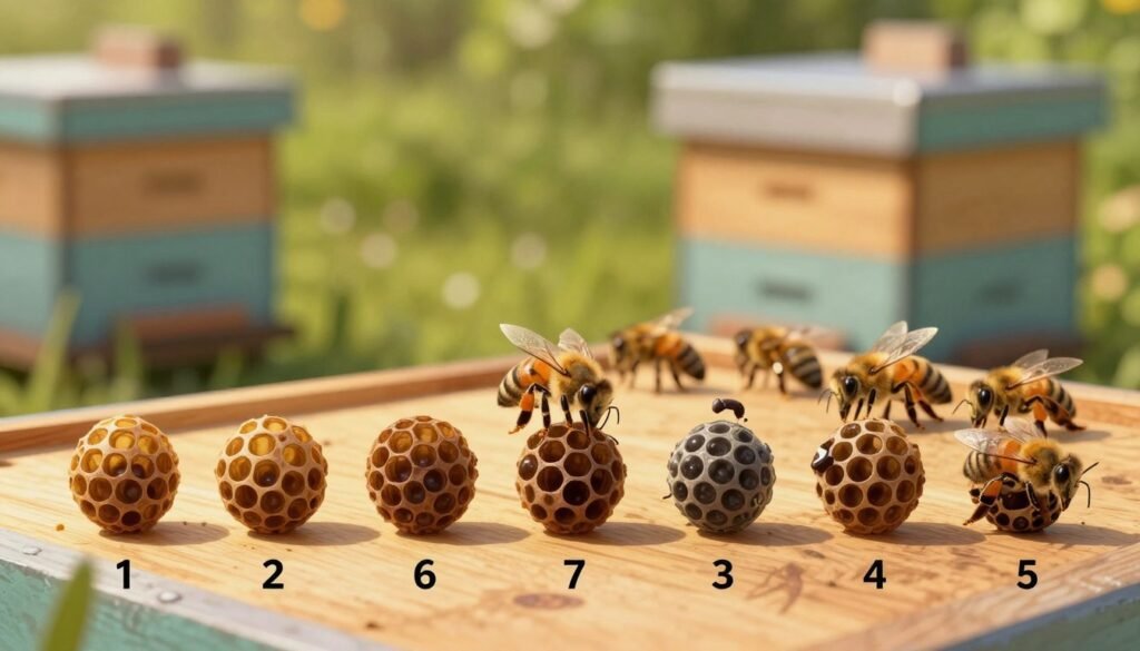 Detailed illustration of queen cells showcasing their lifecycle day by day in an apiary setting. In the foreground, several queen cells in various stages of development, each labeled with a distinct day number from one to seven. The middle ground features a close-up of bees attending to the queen cells, highlighting their busy and organized behavior. The background displays a softly blurred beehive with natural wood tones and vibrant green foliage, suggesting a serene outdoor environment. The lighting is warm, simulating golden hour, creating a cozy atmosphere. Use a macro lens perspective to emphasize the intricate details of the queen cells and bees, capturing the essence of growth and nurturing. Ensure the overall mood is educational and engaging, inviting viewers into the world of beekeeping.