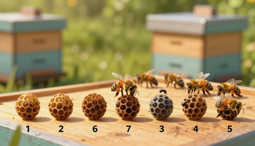 Detailed illustration of queen cells showcasing their lifecycle day by day in an apiary setting. In the foreground, several queen cells in various stages of development, each labeled with a distinct day number from one to seven. The middle ground features a close-up of bees attending to the queen cells, highlighting their busy and organized behavior. The background displays a softly blurred beehive with natural wood tones and vibrant green foliage, suggesting a serene outdoor environment. The lighting is warm, simulating golden hour, creating a cozy atmosphere. Use a macro lens perspective to emphasize the intricate details of the queen cells and bees, capturing the essence of growth and nurturing. Ensure the overall mood is educational and engaging, inviting viewers into the world of beekeeping. Detailed illustration of queen cells showcasing their lifecycle day by day in an apiary setting