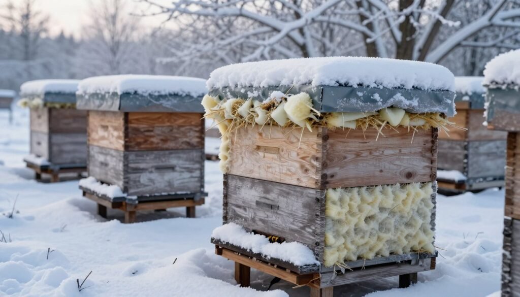 Detailed image of winter beehives insulated against extreme cold, showcasing wooden hives covered with snug-fitting insulation materials like foam or straw. In the foreground, a close-up view reveals intricate hive entrances, barely visible under a light dusting of snow. The middle ground features several hives arranged orderly, each with visible frost on their surfaces, reflecting the chilly environment. The background contains a serene wintry landscape, with snow-laden trees silhouetted against a soft, diffused winter light, creating a tranquil atmosphere. The lighting is soft and cool, giving the image a crisp, clear feel, as if taken with a 50mm lens. The overall mood conveys warmth and protection within the cold, highlighting the importance of insulation for bee survival in harsh winters.