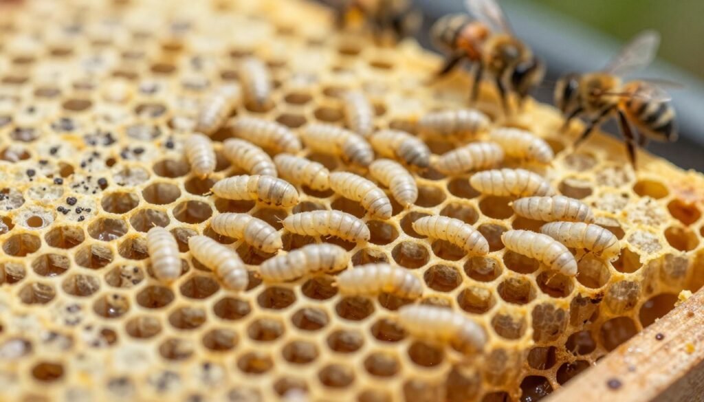 In a close-up view, capture the delicate European foulbrood honey larvae nestled within a honeycomb cell, showcasing their distinct, pale, elongated bodies and slight curvature. The honeycomb structure should feature yellow-brown cappings, some perforated, hinting at the presence of disease. The foreground should clearly depict the larvae, highlighting their texture against the waxy honeycomb. The middle ground should include bees hovering nearby, providing scale and context, while the background features softly blurred hive elements to maintain focus on the larvae. Utilize natural lighting to create a warm, biological atmosphere, with gentle shadows enhancing the contours of the scene. Capture the image at a slightly angled top-down perspective to emphasize the layers of the hive.
