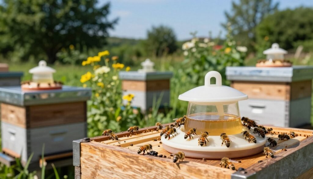 In a meticulously arranged apiary, focus on a close-up view of various in-hive feeders strategically placed near several wooden beehives, surrounded by lush greenery. The feeders should be filled with sugar syrup, with bees actively feeding, showcasing their vibrant yellow and black patterns. In the middle ground, display a harmonious blend of flowering plants to illustrate a healthy environment, while maintaining distance from potential contamination sources. The background should consist of soft-focus trees and a clear blue sky, creating a peaceful atmosphere. Use natural sunlight to enhance the scene, casting gentle shadows and highlighting the bees’ activity. Capture this image from a low angle, emphasizing the feeders and bees' interactions, conveying a sense of careful planning and organic coexistence within the hive. In a meticulously arranged apiary, focus on a close-up view of various in-hive feeders strategically placed near several wooden beehives, surrounded by lush greenery. The feeders should be filled with sugar syrup, with bees actively feeding, showcasing their vibrant yellow and black patterns. In the middle ground, display a harmonious blend of flowering plants to illustrate a healthy environment, while maintaining distance from potential contamination sources. The background should consist of soft-focus trees and a clear blue sky, creating a peaceful atmosphere. Use natural sunlight to enhance the scene, casting gentle shadows and highlighting the bees’ activity. Capture this image from a low angle, emphasizing the feeders and bees' interactions, conveying a sense of careful planning and organic coexistence within the hive.