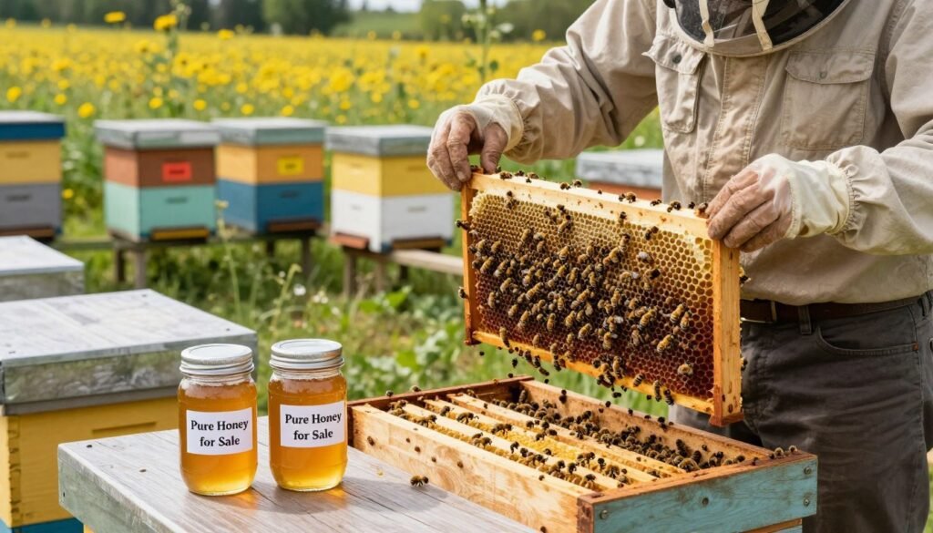 In a serene apiary setting, a professional beekeeper in modest casual clothing inspects a wooden hive brimming with busy honeybees, showcasing various frames filled with honey and larvae. In the foreground, a pair of clear glass jars filled with honey and labeled "Pure Honey for Sale" rest on a rustic table, highlighting the profitability of bee products. The middle ground features a well-organized setup of hives, each labeled with colorful tags indicating different queen bee varieties available for sale. In the background, a sunlit field with wildflowers enhances the vibrant atmosphere, while soft, natural light creates a warm and inviting mood. The composition captures the essence of evaluating the apiary yard's performance and the excitement of selling bees and queens. In a serene apiary setting, a professional beekeeper in modest casual clothing inspects a wooden hive brimming with busy honeybees, showcasing various frames filled with honey and larvae. In the foreground, a pair of clear glass jars filled with honey and labeled "Pure Honey for Sale" rest on a rustic table, highlighting the profitability of bee products. The middle ground features a well-organized setup of hives, each labeled with colorful tags indicating different queen bee varieties available for sale. In the background, a sunlit field with wildflowers enhances the vibrant atmosphere, while soft, natural light creates a warm and inviting mood. The composition captures the essence of evaluating the apiary yard's performance and the excitement of selling bees and queens.