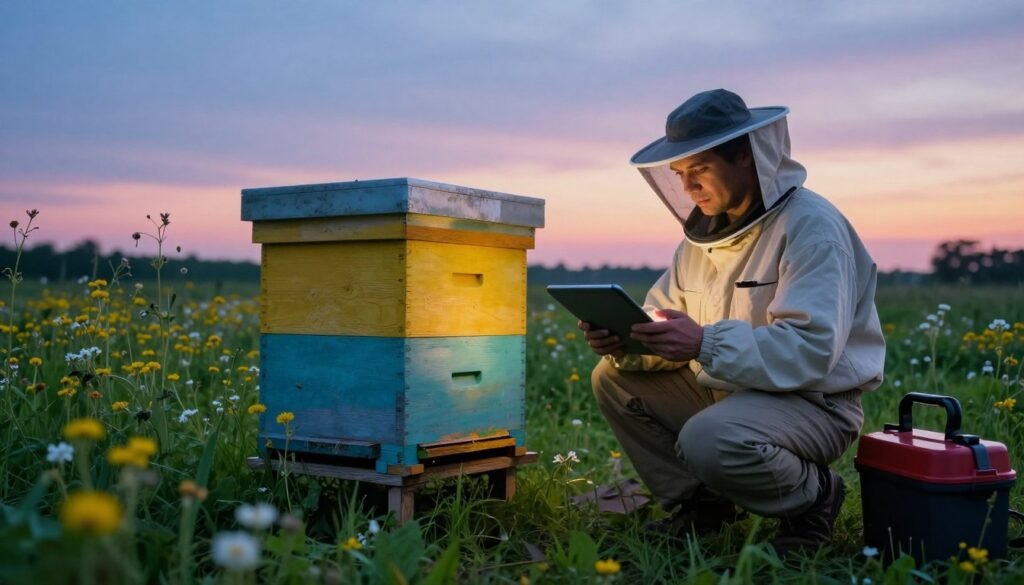 In a serene, outdoor setting at dawn, a beekeeper in professional attire examines a digital tablet, contemplating the optimal time for transporting a hive. In the foreground, the beekeeper focuses intently on the tablet, with a toolbox and protective gear beside them. In the middle ground, a well-constructed, vibrant beehive stands, surrounded by blooming wildflowers and lush green grass, symbolizing the ecosystem thriving around it. The background features a soft, pastel sky transitioning from deep blue to pinkish-orange, indicating the early morning light casting gentle shadows. The scene's mood is calm and contemplative, emphasizing the careful consideration required for hive transport. The image captures the essence of strategic planning in pollination logistics.