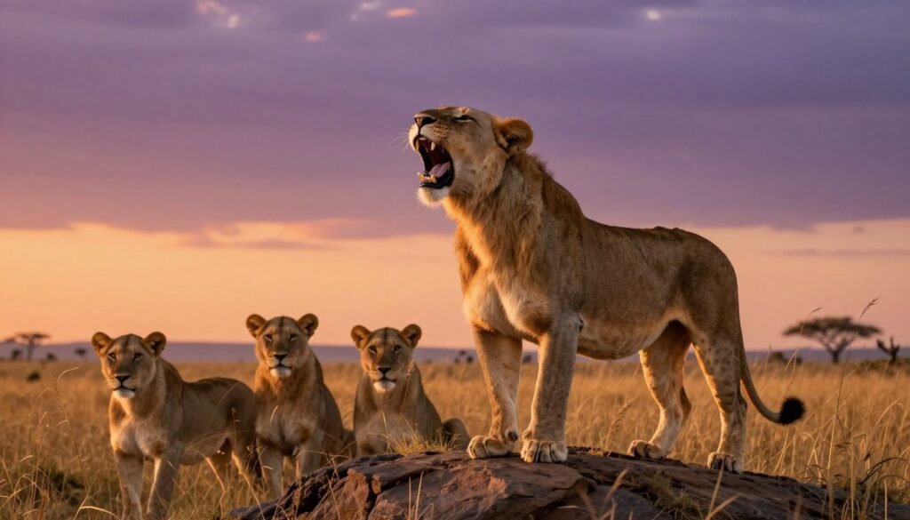 In a serene savanna setting, capture the essence of a "queenless roar" as a powerful metaphor. Foreground: a majestic lioness standing on a rocky outcrop, her mouth open mid-roar, conveying a deep sense of strength and isolation. Middle ground: a small pride of lions with a mix of attentive expressions, illustrating unity amidst loss. Background: golden grasses gently swaying in the breeze under a vibrant sunset, casting warm oranges and purples across the sky. Use soft, natural lighting to enhance the emotional atmosphere, emphasizing shadows that create depth. Aim for a slightly low angle perspective to evoke the grandeur and urgency of the roar, symbolizing resilience in the wild.