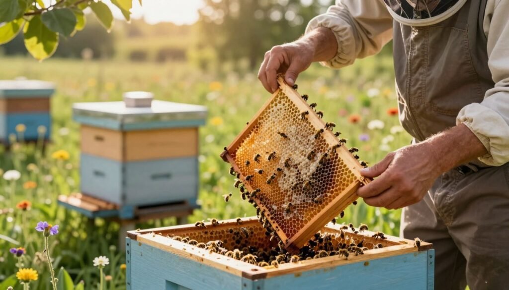 In a sunlit apiary, a beekeeper in modest casual clothing carefully manipulates a wooden frame filled with honeycomb. In the foreground, the frame showcases glistening honey cells, with bees gently buzzing around. The middle ground features a well-maintained beehive, with soft golden light filtering through the leaves of nearby trees, highlighting the vibrant activity of bees entering and exiting the hive. The background reveals a serene landscape of wildflowers and green grass, creating a harmonious environment. The atmosphere is calm yet lively, reflecting the intricacies of beekeeping. Use a shallow depth of field to focus on the frame manipulation, while the background remains softly blurred, enhancing the mood of diligent care in beekeeping practices. In a sunlit apiary, a beekeeper in modest casual clothing carefully manipulates a wooden frame filled with honeycomb. In the foreground, the frame showcases glistening honey cells, with bees gently buzzing around. The middle ground features a well-maintained beehive, with soft golden light filtering through the leaves of nearby trees, highlighting the vibrant activity of bees entering and exiting the hive. The background reveals a serene landscape of wildflowers and green grass, creating a harmonious environment. The atmosphere is calm yet lively, reflecting the intricacies of beekeeping. Use a shallow depth of field to focus on the frame manipulation, while the background remains softly blurred, enhancing the mood of diligent care in beekeeping practices.
