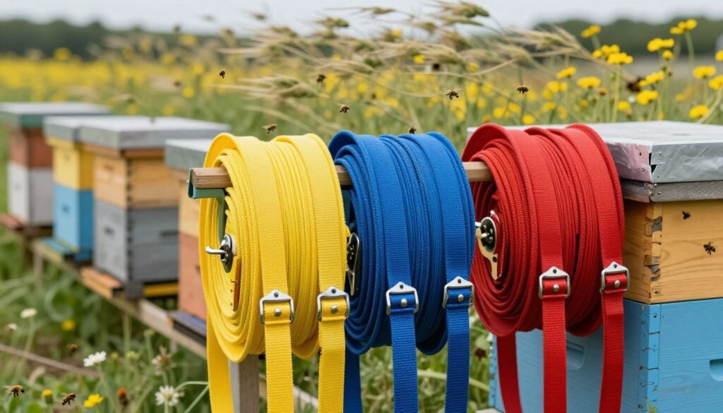In a vibrant apiary setting buffeted by a strong breeze, an array of sturdy ratchet straps are prominently displayed in the foreground, coiling and fastening around hives and bee boxes. Each strap features vibrant colors—yellow, blue, and red—with metal ratchet mechanisms glinting under soft, diffused sunlight. In the middle ground, several beehives stand securely anchored, showcasing a busy scene of bees buzzing around. The background features a blurred, lush landscape of wildflowers swaying gently in the wind, adding a touch of nature to the scene. The mood is dynamic yet reassuring, emphasizing the importance of stability and reliability. The image captures the essence of secure anchoring solutions vital for protecting apiaries in windy conditions, expertly framed with a shallow depth of field.