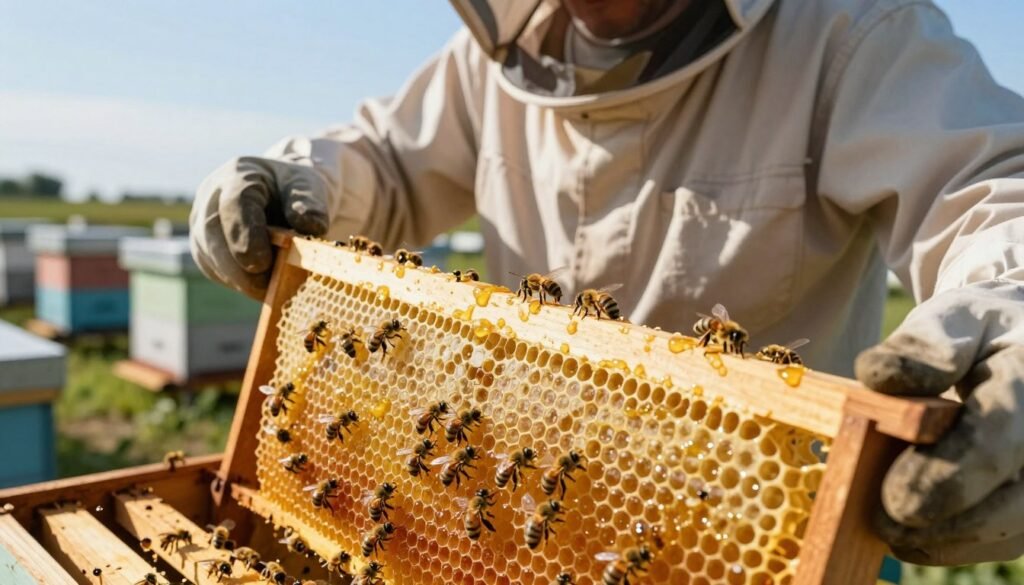 In a well-lit apiary, focus on a close-up of a bee frame with honey spilling over the edges. The foreground features a wooden frame, partially filled with glistening honey, with bees hovering nearby, engaged in their work. In the middle ground, a beekeeper dressed in professional attire—a light-colored shirt and protective gloves—carefully handles the frame, showing concentration. Soft sunlight filters through, creating a warm atmosphere, accentuating the golden hue of the honey. The background reveals rows of beehives under a clear blue sky, adding context to the scene. The composition balances detail and clarity, capturing the meticulous process of managing honey and bees without any distractions like text or watermarks. In a well-lit apiary, focus on a close-up of a bee frame with honey spilling over the edges. The foreground features a wooden frame, partially filled with glistening honey, with bees hovering nearby, engaged in their work. In the middle ground, a beekeeper dressed in professional attire—a light-colored shirt and protective gloves—carefully handles the frame, showing concentration. Soft sunlight filters through, creating a warm atmosphere, accentuating the golden hue of the honey. The background reveals rows of beehives under a clear blue sky, adding context to the scene. The composition balances detail and clarity, capturing the meticulous process of managing honey and bees without any distractions like text or watermarks.