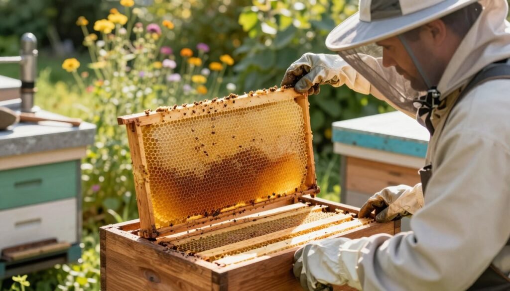 In a well-lit apiary, focus on a wooden honey super stacked high with glossy, golden frames filled with fresh honeycombs, glistening under soft sunlight. In the foreground, a beekeeper in modest casual clothing gently inspects the boxes with a keen eye, using protective gloves and a veil, ensuring the honey supers are secure from small hive beetles. The middle ground shows scattered tools like a smoker and hive tool, emphasizing the necessary precautions taken. The background captures a lush garden with vibrant wildflowers, and soft, dappled sunlight filtering through the leaves, creating a serene atmosphere. The overall mood is one of diligence and care, reflecting the importance of protecting the honey supers from pests.