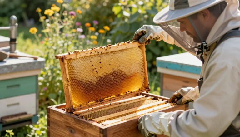 In a well-lit apiary, focus on a wooden honey super stacked high with glossy, golden frames filled with fresh honeycombs