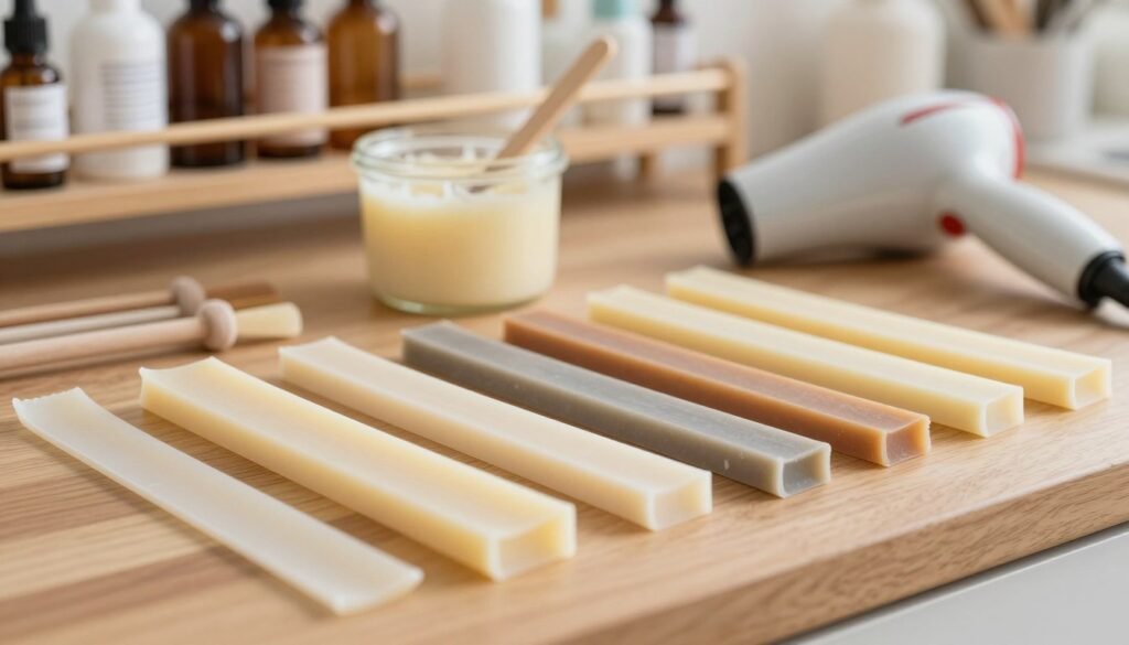 In a well-lit kitchen setting, focus on a wooden countertop where an array of homemade wax strips are neatly arranged. In the foreground, showcase several wax strips of varying sizes and colors, some slightly curled at the edges, emphasizing their handmade quality. In the middle ground, include a small pot of melted wax with a wooden stick resting beside it, while a hairdryer sits nearby, suggesting the making process. The background should display a softly blurred shelf filled with beauty supplies, adding context without distraction. Opt for warm, natural lighting that enhances the creamy textures of the wax. The mood feels inviting and crafty, reflecting the hands-on nature of creating these beauty items.