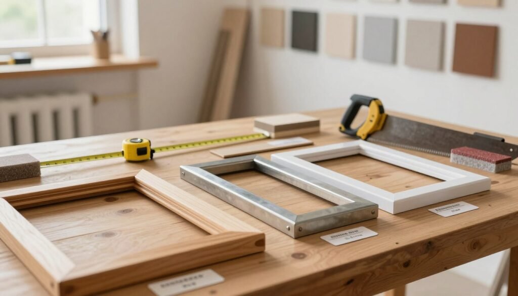 In a well-lit workshop setting, display various frame materials on a wooden table. In the foreground, showcase a wooden picture frame, a durable metal frame, and a sleek plastic frame, each labeled with distinct attributes. The middle ground features tools like a measuring tape, saw, and sanding block, suggesting the assembly process. In the background, a soft-focus wall lined with different frame samples highlights diversity in materials. Use natural light streaming through a window to create a warm and inviting atmosphere, and capture the scene from a slightly elevated angle, as if from the perspective of someone analyzing the differences. The overall mood is informative and engaging, inviting viewers to explore the nuances of comparing frame materials. In a well-lit workshop setting, display various frame materials on a wooden table. In the foreground, showcase a wooden picture frame, a durable metal frame, and a sleek plastic frame, each labeled with distinct attributes. The middle ground features tools like a measuring tape, saw, and sanding block, suggesting the assembly process. In the background, a soft-focus wall lined with different frame samples highlights diversity in materials. Use natural light streaming through a window to create a warm and inviting atmosphere, and capture the scene from a slightly elevated angle, as if from the perspective of someone analyzing the differences. The overall mood is informative and engaging, inviting viewers to explore the nuances of comparing frame materials.