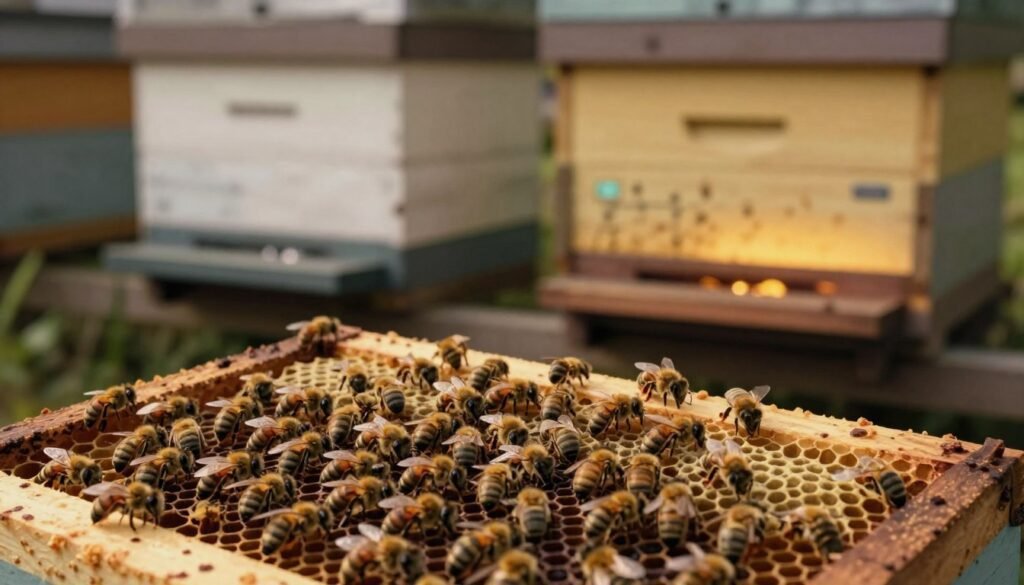 Inside a cozy beehive, showcasing meticulous moisture management practices for bee health. In the foreground, a detailed close-up of a honeycomb filled with bees, actively working, creating and regulating moisture levels. The middle layer features a winter quilt box positioned alongside a moisture board, illustrating the comparison in their design, with subtle indicators of heat and humidity control. The background displays soft, warm lighting emanating from the entrance of the hive, suggesting a safe and nurturing environment for the bees. The overall mood is tranquil, yet industrious, highlighting the importance of proper moisture management in sustaining healthy bee colonies during colder months. The scene is rich in earthy tones, creating a natural ambiance without any text or branding elements. Inside a cozy beehive, showcasing meticulous moisture management practices for bee health. In the foreground, a detailed close-up of a honeycomb filled with bees, actively working, creating and regulating moisture levels. The middle layer features a winter quilt box positioned alongside a moisture board, illustrating the comparison in their design, with subtle indicators of heat and humidity control. The background displays soft, warm lighting emanating from the entrance of the hive, suggesting a safe and nurturing environment for the bees. The overall mood is tranquil, yet industrious, highlighting the importance of proper moisture management in sustaining healthy bee colonies during colder months. The scene is rich in earthy tones, creating a natural ambiance without any text or branding elements.