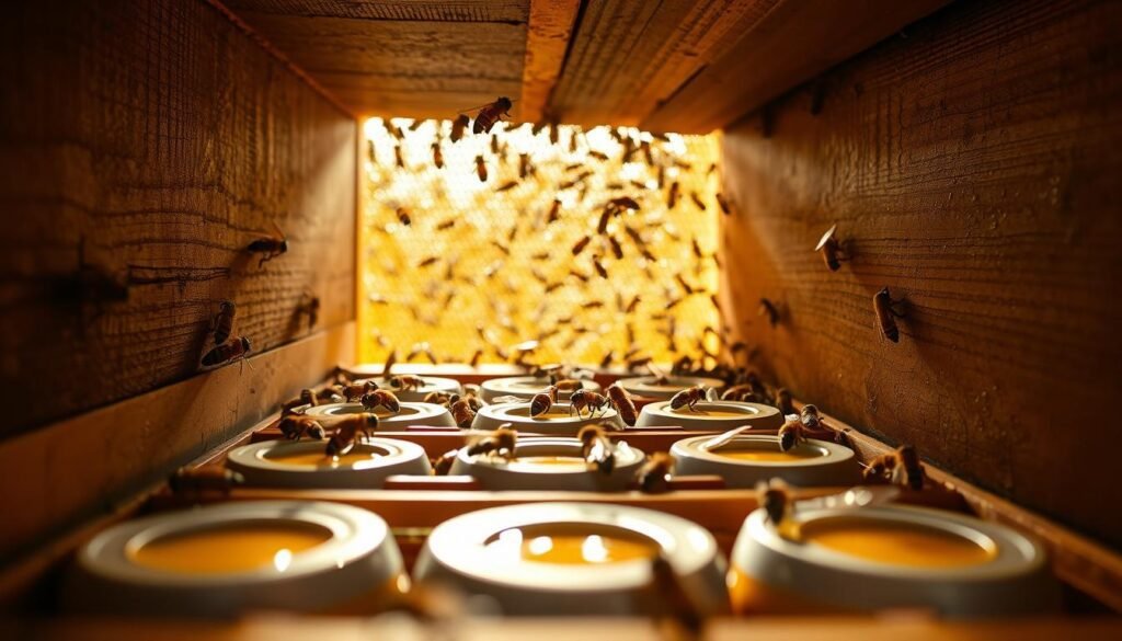 Inside a gently illuminated beehive, the foreground captures several in-hive feeders filled with golden syrup, surrounded by busy honeybees diligently extracting nourishment. The middle layer showcases the textured walls of the hive, crafted from warm wood, with honeycombs glistening in the soft light, creating a welcoming atmosphere. In the background, faint glimpses of bees entering and exiting the hive can be seen, emphasizing the hive's activity. The scene is illuminated by soft, natural light filtering through the hive’s entrance, casting warm shadows and adding depth. The mood is serene yet industrious, reflecting the harmonious life inside a thriving bee colony. Capture this scene from a slightly angled perspective to provide a dynamic view, focusing closely on the feeders and the bees’ interactions. Inside a gently illuminated beehive, the foreground captures several in-hive feeders filled with golden syrup, surrounded by busy honeybees diligently extracting nourishment. The middle layer showcases the textured walls of the hive, crafted from warm wood, with honeycombs glistening in the soft light, creating a welcoming atmosphere. In the background, faint glimpses of bees entering and exiting the hive can be seen, emphasizing the hive's activity. The scene is illuminated by soft, natural light filtering through the hive’s entrance, casting warm shadows and adding depth. The mood is serene yet industrious, reflecting the harmonious life inside a thriving bee colony. Capture this scene from a slightly angled perspective to provide a dynamic view, focusing closely on the feeders and the bees’ interactions.