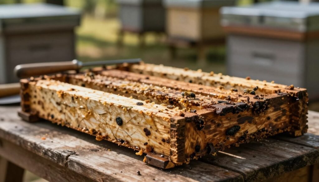 Old, weathered bee frames stacked haphazardly on a wooden table, showcasing signs of wear and potential disease risks. The foreground features close-up details of aged wood, some frames displaying cracks, dark spots, and remnants of wax. In the middle ground, a soft focus on a beekeeper’s tool, like a hive tool, rests beside the frames, hinting at an assessment process. The background is blurred but suggests a rustic apiary setting with hives in soft shadows, bathed in warm, natural sunlight filtering through trees. The atmosphere is contemplative, evoking concern over the frames’ condition and the potential risks to bee health. Use a macro lens effect to highlight the textures of age and decay, maintaining a slightly warm color palette. Old, weathered bee frames stacked haphazardly on a wooden table, showcasing signs of wear and potential disease risks. The foreground features close-up details of aged wood, some frames displaying cracks, dark spots, and remnants of wax. In the middle ground, a soft focus on a beekeeper’s tool, like a hive tool, rests beside the frames, hinting at an assessment process. The background is blurred but suggests a rustic apiary setting with hives in soft shadows, bathed in warm, natural sunlight filtering through trees. The atmosphere is contemplative, evoking concern over the frames’ condition and the potential risks to bee health. Use a macro lens effect to highlight the textures of age and decay, maintaining a slightly warm color palette.