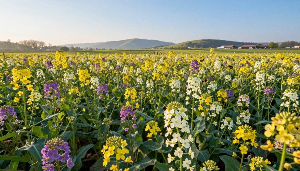 Vibrant flowering cover crops in a lush agricultural field, showcasing a diverse array of blossoms in shades of yellow, purple, and white, attracting pollinators like bees and butterflies. In the foreground, a close-up view of delicate flowers and green foliage, with dewdrops glistening in the morning light. The middle ground features rows of thriving cover crops, their blooms swaying gently in a light breeze under a clear blue sky. In the background, gentle rolling hills and a distant farmstead add depth to the scene. Soft, warm sunlight enhances the colors and creates a tranquil atmosphere, evoking a sense of harmony in nature and fostering pollination. Captured from a slightly elevated angle to showcase the full expanse and detail of the blooming cover crops. Vibrant flowering cover crops in a lush agricultural field, showcasing a diverse array of blossoms in shades of yellow, purple, and white, attracting pollinators like bees and butterflies. In the foreground, a close-up view of delicate flowers and green foliage, with dewdrops glistening in the morning light. The middle ground features rows of thriving cover crops, their blooms swaying gently in a light breeze under a clear blue sky. In the background, gentle rolling hills and a distant farmstead add depth to the scene. Soft, warm sunlight enhances the colors and creates a tranquil atmosphere, evoking a sense of harmony in nature and fostering pollination. Captured from a slightly elevated angle to showcase the full expanse and detail of the blooming cover crops.