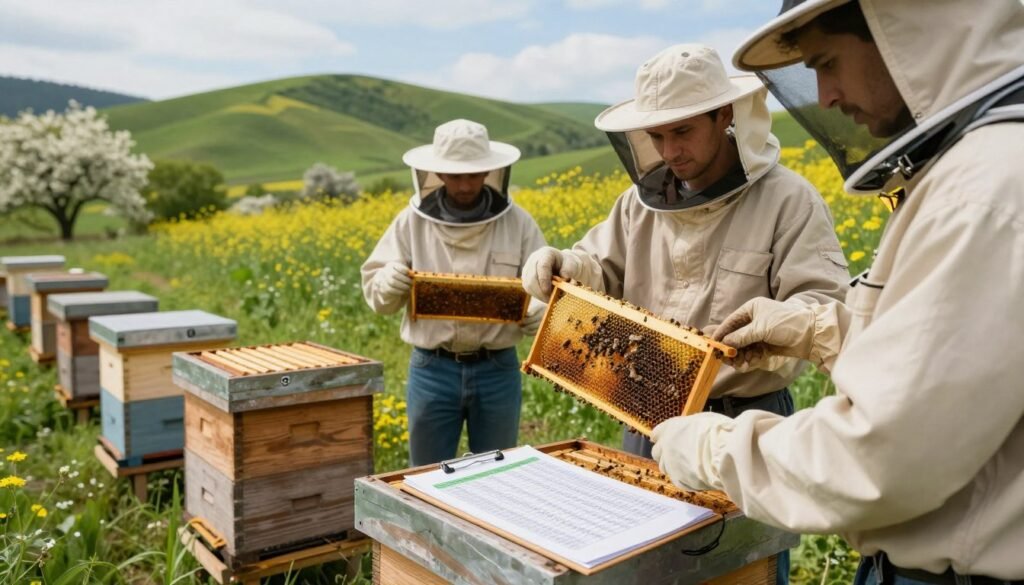 Visualize a lush apiary yard under soft, natural sunlight, capturing the essence of evaluating mite counts. In the foreground, a group of three professional beekeepers in modest casual clothing stand intently examining a sample of bee frames, highlighting their meticulous approach. The middle ground features several wooden beehives, each distinctly labeled with numbers for easy comparison. A clipboard with detailed data charts rests on a nearby wooden table, showcasing mite count results. In the background, rolling green hills and blossoming wildflowers create a serene atmosphere, framed by a clear blue sky. The scene conveys a mood of diligence and collaboration, emphasizing the importance of data collection in beekeeping practices. The angle is slightly elevated, providing a comprehensive view of the apiary layout and the beekeepers' focused expressions.
