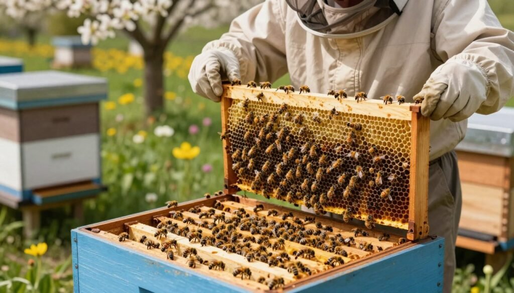 Visualize a thriving honeybee colony inside a well-managed apiary, showcasing strong and healthy bee populations. In the foreground, a close-up of a wooden beehive, open to reveal frames filled with capped honey and busy bees tending to brood, symbolizing vitality. In the middle ground, a beekeeper in a light-colored, protective suit examines the frames, highlighting their role in managing the colony’s strength; this should convey professionalism and care. The background features blooming flowers and greenery, representing a rich environment that supports bee foraging. The lighting is warm and natural, suggesting a sunny day, with a shallow depth of field to emphasize the beekeeper and hive, creating an atmosphere of productivity and harmony within the apiary.