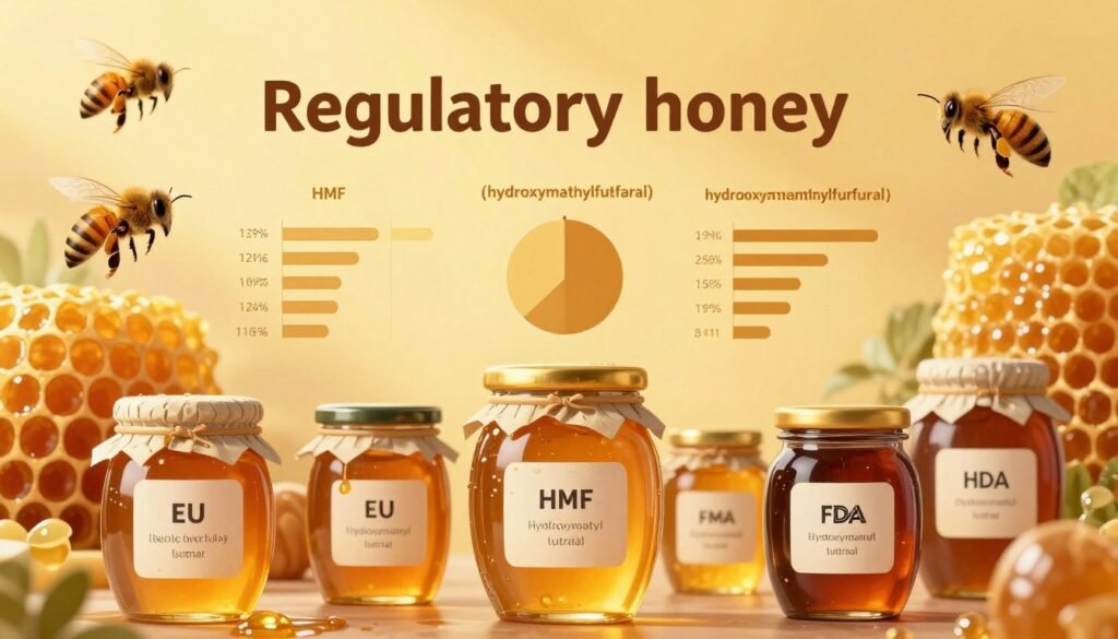 a visually engaging infographic depicting the concept of regulatory honey limits, featuring a foreground with stylized honey jars labeled with various regulatory limits, such as EU and FDA standards, set against a background of lush honeycomb structures and bees in flight. In the middle layer, incorporate diagrams or charts indicating HMF (hydroxymethylfurfural) levels, using a harmonious color palette of golden yellows and warm browns to evoke a sense of natural sweetness. Soft, diffused lighting creates a warm and inviting atmosphere, with subtle highlights reflecting off the jars. A slight tilt-angle shot provides depth, inviting the viewer to explore the intricate details of honey regulations, making the image both educational and visually appealing.