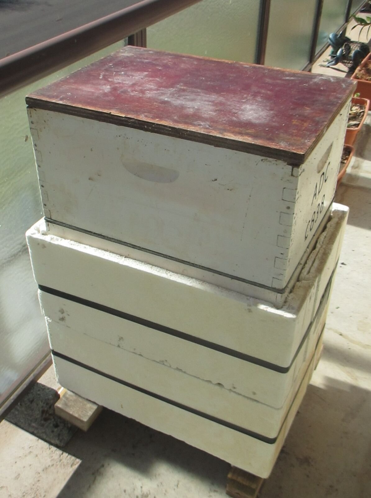 Photo of a Langstroth hive whose lower boxes are wrapped in thick white foam board insulation, one panel per box, with an unwrapped top box