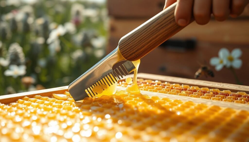 A cappings scratcher, another manual uncapping tool that an automated uncapper like the Cowen is built to replace at commercial scale