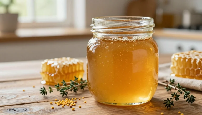 Image of a jar of liquid honey with a band of foam and bubbles at the surface, a sign of fermenting honey