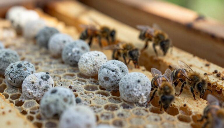 chalkbrood mummies in front of hive
