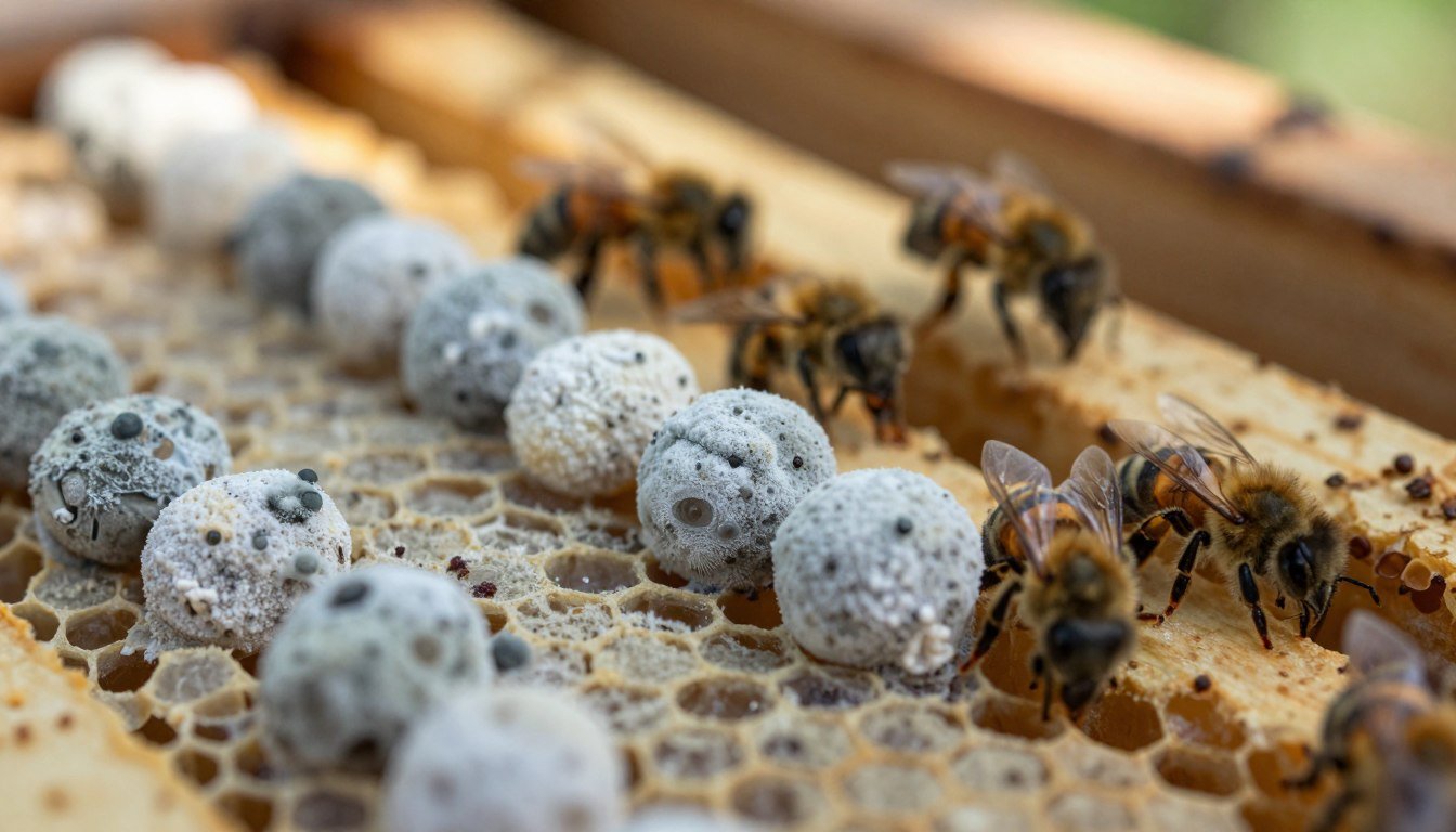 chalkbrood mummies in front of hive
