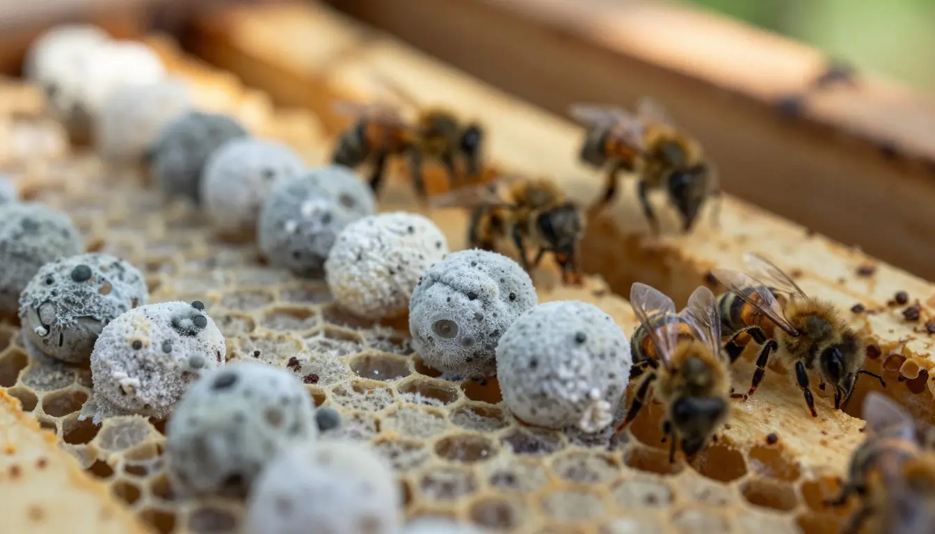 chalkbrood mummies in front of hive