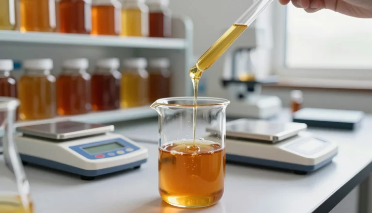 Image of honey in a glass lab beaker beside scales and shelves of honey samples in a testing laboratory