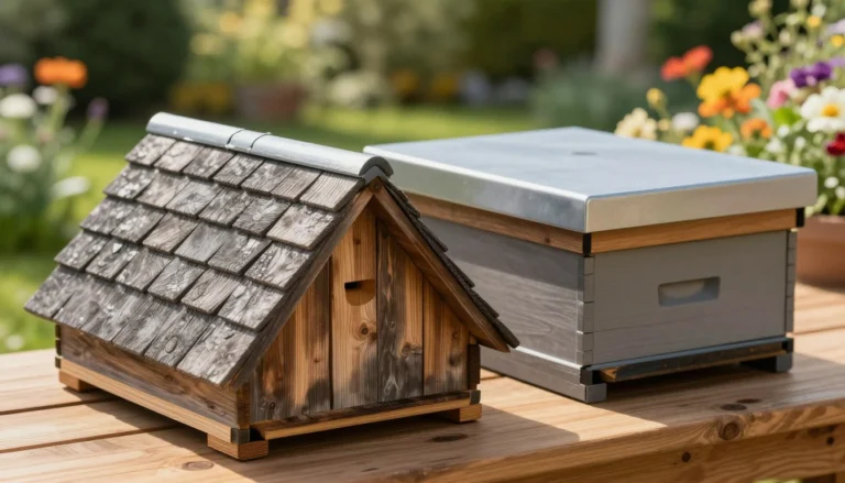 A small gabled-roof beehive beside a Langstroth hive with a flat metal-topped cover