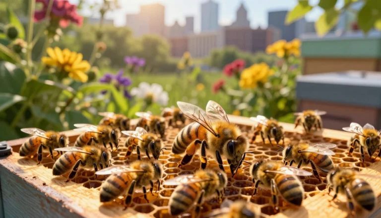 Honey bees on the top bars of a hive frame