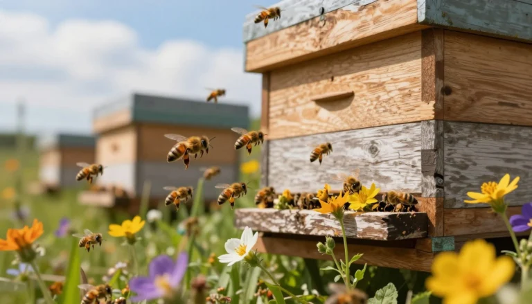 Wooden beehives in a field of wildflowers with honey bees flying around the entrance of the nearest hive