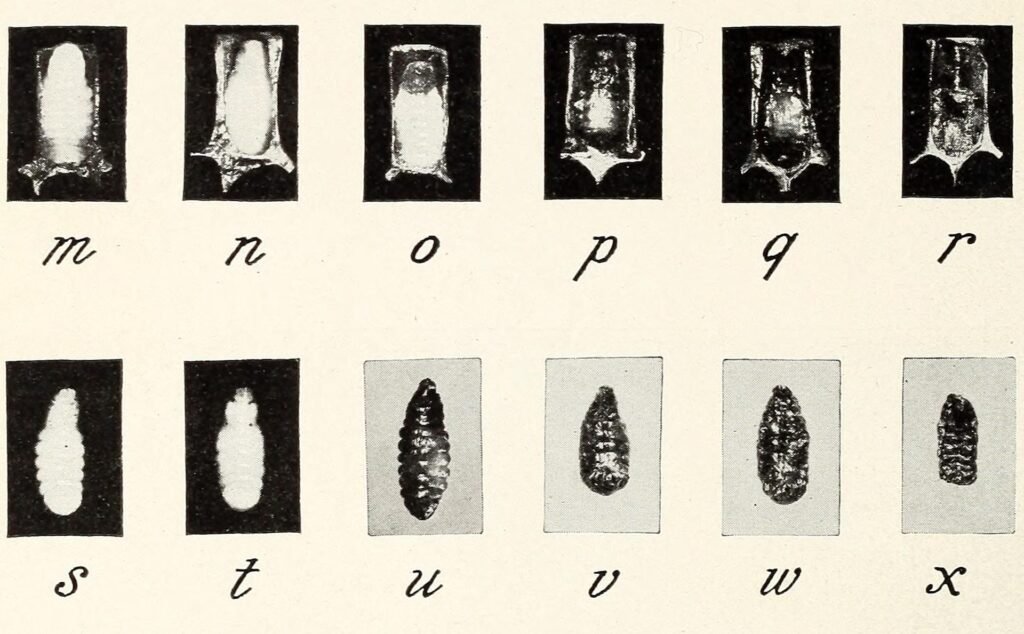 Historical photo plate comparing a healthy honey bee larva with sacbrood larvae at successive stages of decay