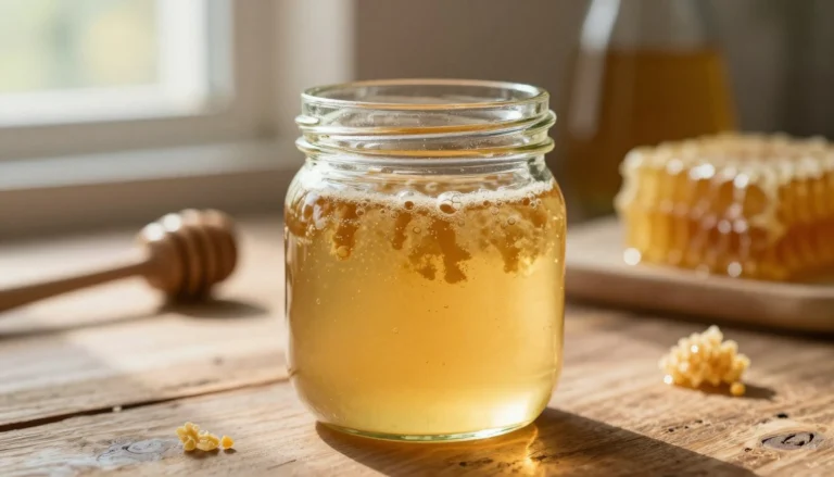 Glass jar of pale honey with a layer of foam on top, set on a wooden table beside a piece of honeycomb