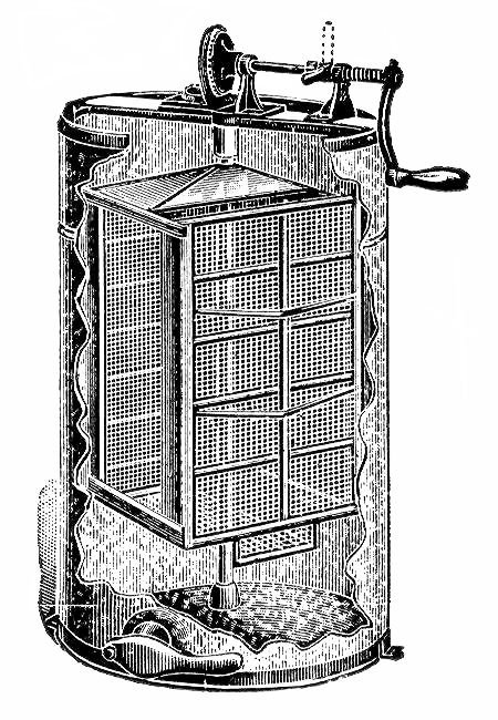 A late 19th-century engraving of an early hand-crank tangential honey extractor, the basic drum-and-spin design modern Maxant, Dadant, and Lyson extractors still use