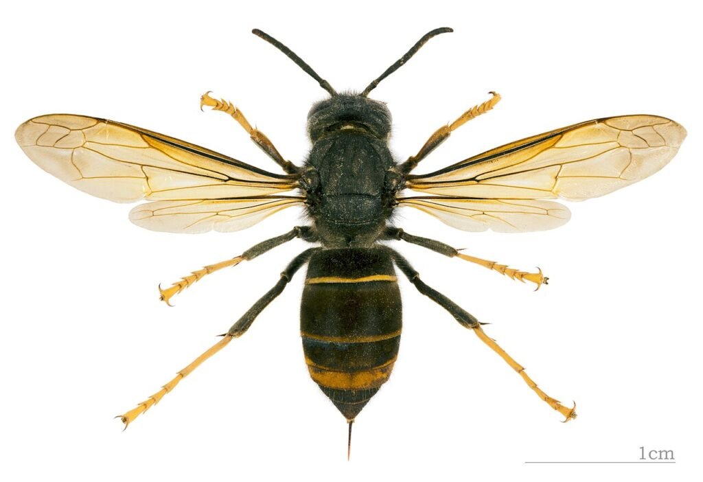 Dorsal view of a preserved Vespa velutina (Asian hornet) specimen, the invasive species DAFM's 2026 monitoring programme targets at Irish ports and airports
