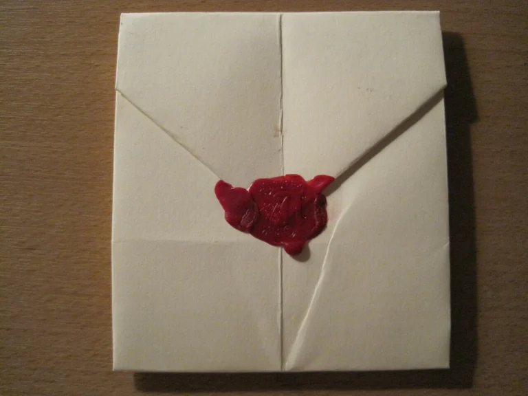 A hand-folded letter closed with a wax seal bearing an impressed letter A