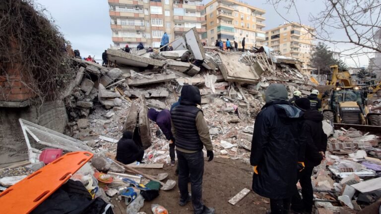 Collapsed building rubble after the February 2023 Turkey earthquake, which damaged roughly 1.48 million beehives across eleven provinces