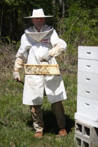 A beekeeper in protective gear tending hives, the kind of everyday backyard beekeeping this ranking compares across US cities by hive limits, permitting burden, and cost.