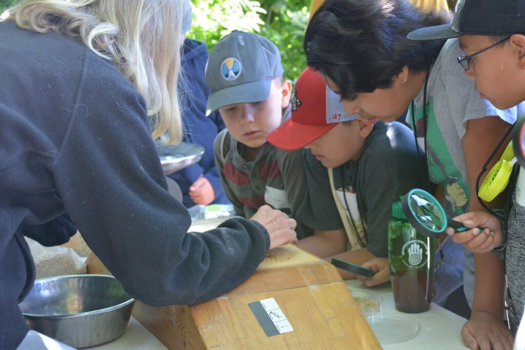 A group of children observing and learning about native plant seed identification during an outdoor nature education camp