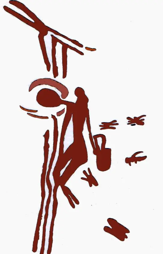 Reproduction de la peinture rupestre mesolithique montrant un chasseur de miel grimpant vers un nid d abeilles sauvages, site des Cuevas de la Arana, Bicorp, Espagne
