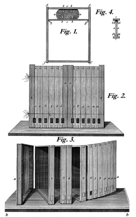 Illustration of Francois Huber's leaf hive with hinged frames from his 1814 book