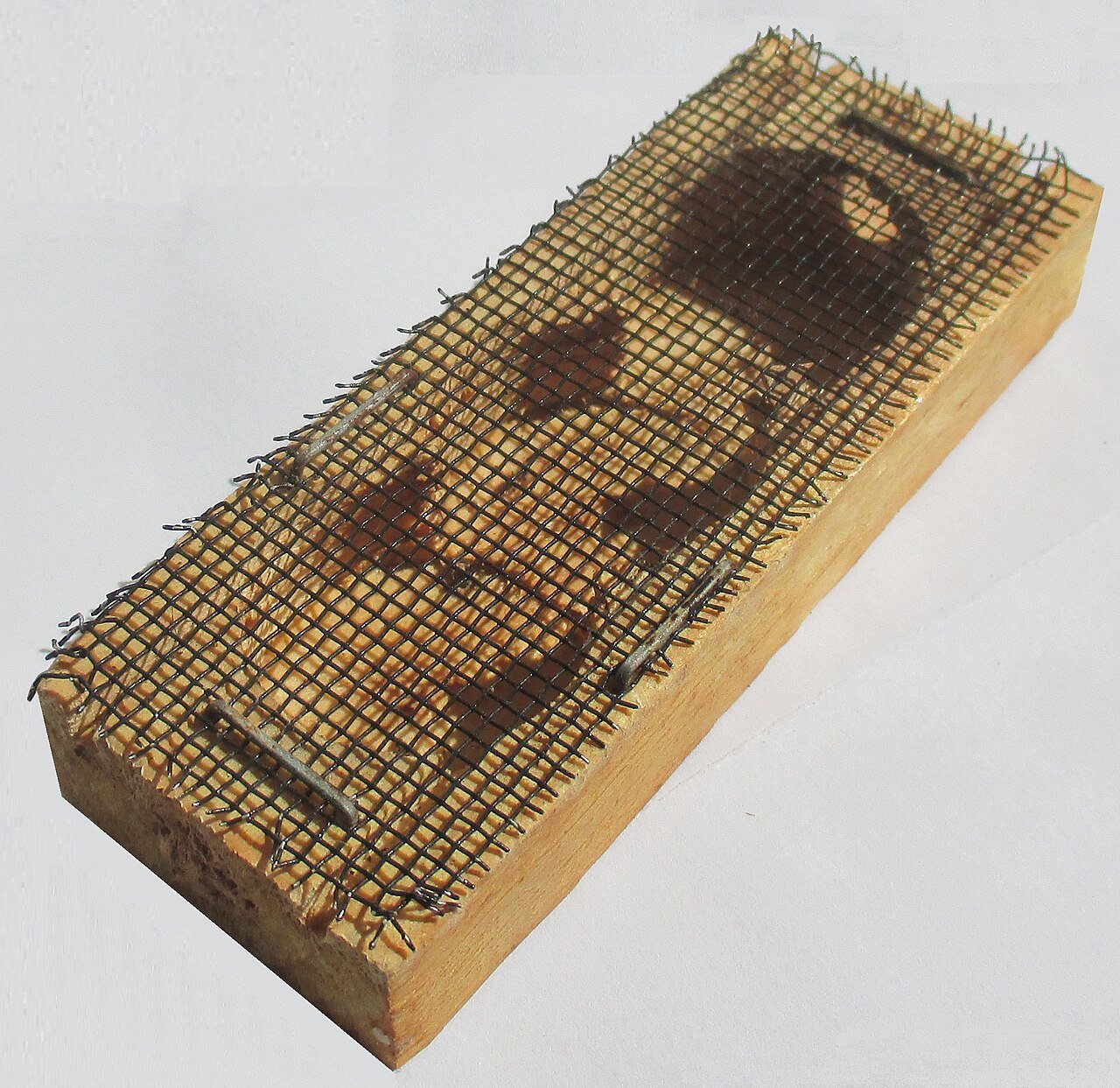 A modern wooden and mesh queen bee mailing cage with three compartments, one holding candied honey for feed during transit