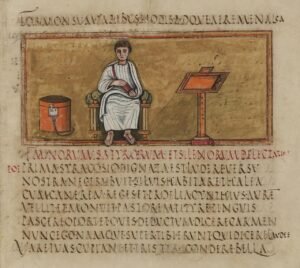 Illuminated 5th-century manuscript portrait of the Roman poet Virgil seated and writing, from the Vergilius Romanus manuscript