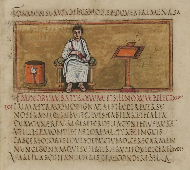 Illuminated 5th-century manuscript portrait of the Roman poet Virgil seated and writing, from the Vergilius Romanus manuscript