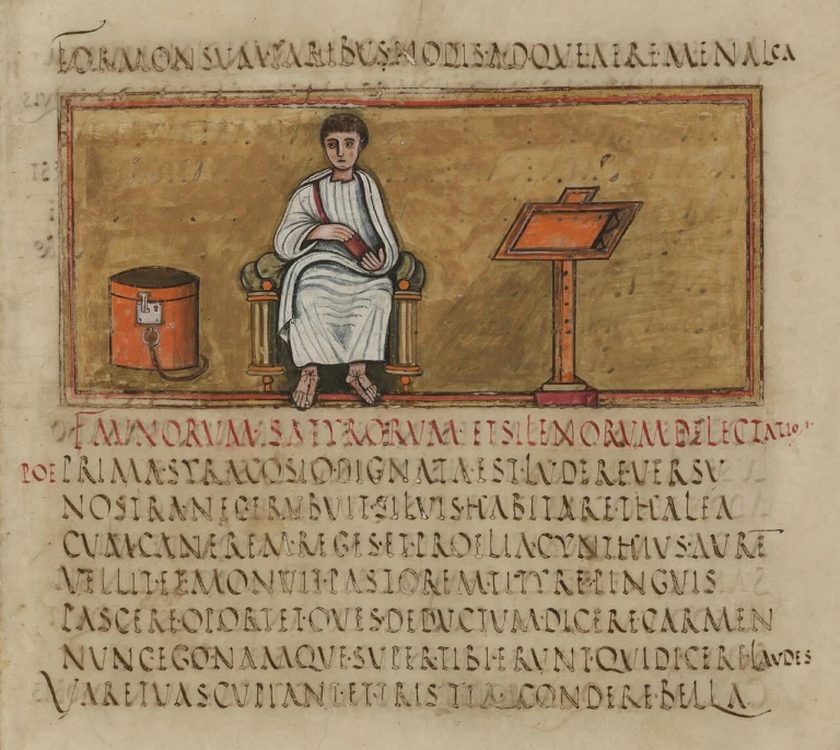 Illuminated 5th-century manuscript portrait of the Roman poet Virgil seated and writing, from the Vergilius Romanus manuscript