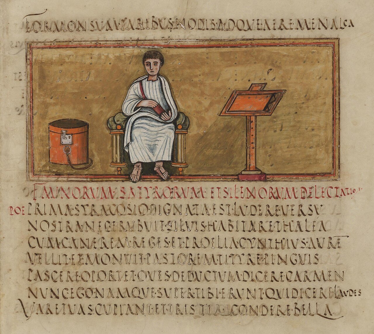 Illuminated 5th-century manuscript portrait of the Roman poet Virgil seated and writing, from the Vergilius Romanus manuscript