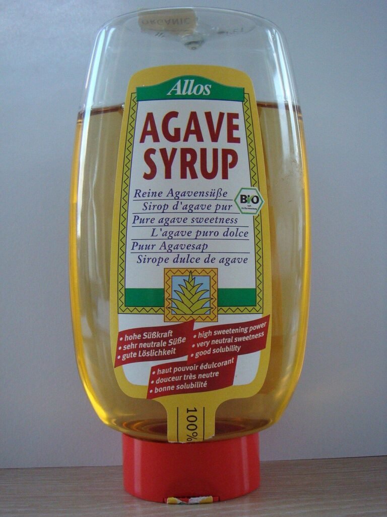 A bottle of agave syrup, a sweeter-than-honey liquid substitute used in smaller quantity